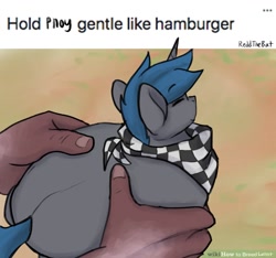 Size: 1635x1530 | Tagged: safe, artist:reddthebat, oc, oc only, oc:lucent, human, pony, unicorn, bandana, hold x gentle like hamburger, holding a pony, horn, male, meme, ponified meme, solo focus, stallion, wikihow