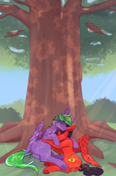 Size: 2500x3800 | Tagged: safe, artist:chapaevv, oc, oc only, oc:loona, oc:weldbead, pegasus, pony, commission, duo, duo male, hug, male, outdoors, sleeping, snuggling, tree