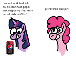 Size: 979x736 | Tagged: safe, artist:zoeyhorse, pinkie pie, twilight sparkle, earth pony, pony, unicorn, g4, dialogue, duo, duo female, female, horn, mare, open mouth, open smile, pepsi, simple background, smiling, soda, white background