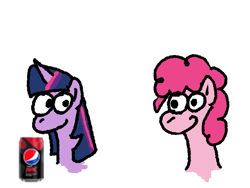 Size: 979x737 | Tagged: safe, artist:zoeyhorse, pinkie pie, twilight sparkle, earth pony, pony, unicorn, g4, duo, duo female, female, horn, looking at each other, looking at someone, mare, pepsi, simple background, smiling, soda, white background