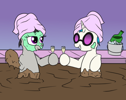 Size: 2000x1600 | Tagged: safe, artist:amateur-draw, dj pon-3, octavia melody, vinyl scratch, earth pony, pony, unicorn, g4, alcohol, drink, female, glass, glasses, grin, horn, lesbian, looking at each other, looking at someone, mare, mud, mud bath, mud mask, muddy, ship:scratchtavia, shipping, simple background, smiling, smiling at each other, spa, towel