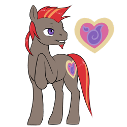 Size: 1628x1628 | Tagged: safe, artist:multiverseequine, derpibooru exclusive, oc, oc only, oc:selenon levulose, earth pony, pony, brown coat, colored, cutie mark, earth pony oc, facial hair, full body, goatee, heart, looking back, male, male oc, mohawk, pony oc, ponytail, purple eyes, quadrupedal, raised hoof, red hair, red tail, simple background, smiling, solo, spiky mane, standing, tail, transparent background, two toned mane, two toned tail, will o' the wisp