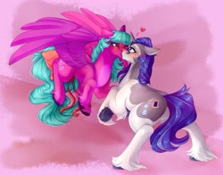 Size: 1443x1132 | Tagged: safe, artist:symphstudio, oc, oc only, pegasus, pony, unicorn, boop, bow, butt, duo, featureless crotch, female, heart, horn, kissing, mare, noseboop, pegasus oc, plot, tail, tail bow, unicorn oc, unshorn fetlocks