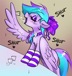 Size: 2100x2218 | Tagged: safe, artist:opalacorn, oc, oc only, pegasus, pony, alcohol, bipedal, bipedal leaning, choker, clothes, drink, drinking, drunk, eyes closed, female, floppy ears, glass, heart, leaning, mare, open mouth, shot glass, socks, solo, striped socks, text, wing hold, wings