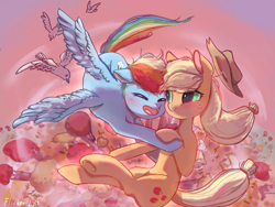 Size: 2048x1536 | Tagged: safe, artist:flickerlint, applejack, rainbow dash, bird, earth pony, pegasus, pony, g4, applejack's hat, blush lines, blushing, carrying, cowboy hat, eyes closed, female, flying, hairband, hat, holding hooves, hug, lesbian, open mouth, open smile, ship:appledash, shipping, smiling, spread wings, tail, tail band, underhoof, wings