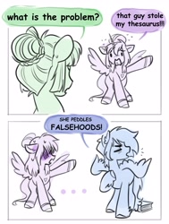 Size: 3099x4096 | Tagged: safe, artist:opalacorn, oc, oc only, oc:asteria, oc:blue skies, oc:largesse, alicorn, earth pony, pegasus, pony, 2 panel comic, comic, dialogue, female, male, mare, simple background, speech bubble, stallion, thesaurus, trio, white background