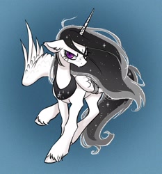 Size: 1910x2048 | Tagged: safe, artist:opalacorn, oc, oc only, oc:starlight, alicorn, pony, angry, bandage, bandaged wing, cracked horn, ethereal mane, ethereal tail, female, floppy ears, gradient background, horn, long mane, long tail, looking at you, mare, not luna, one wing out, scowl, slender, solo, starry mane, starry tail, tail, thin, unshorn fetlocks, white coat, wings