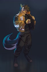 Size: 2494x3798 | Tagged: safe, artist:falopaxy, oc, oc only, oc:masterkey, unicorn, anthro, unguligrade anthro, cyberpunk 2077, horn, male, smoking, solo