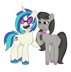 Size: 640x657 | Tagged: safe, artist:jazzhooves, dj pon-3, octavia melody, vinyl scratch, earth pony, pony, unicorn, g4, g5, my little pony: tell your tale, bowtie, colored hooves, duo, duo female, female, g4 to g5, generation leap, glasses, hooves, horn, mare, open mouth, open smile, simple background, smiling, vinyl's glasses, white background