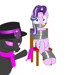Size: 2800x2700 | Tagged: safe, artist:cardshark777, starlight glimmer, oc, oc:card shark, changeling, pony, unicorn, g4, bondage, bound and gagged, chair, changeling oc, clothes, digital art, duo, duo male and female, feather, fedora, female, gag, hat, helpless, horn, horn ring, imminent tickles, inhibitor ring, jewelry, looking at you, magic, magic aura, magic suppression, male, pink changeling, pink eyes, ring, rope, simple background, sitting, sock gag, socks, tape, tape bondage, tape gag, telekinesis, tied to chair, tied up, transparent background, trio, two toned mane