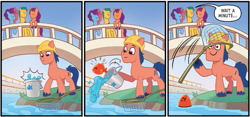 Size: 671x314 | Tagged: safe, idw, hitch trailblazer, misty brightdawn, sunny starscout, fish, pony, g5, maretime mysteries #2, my little pony: maretime mysteries, official, spoiler:comic, spoiler:g5, bridge, clothes, female, hard hat, hat, male, net, river, solo, stallion, unnamed character, unnamed pony, water