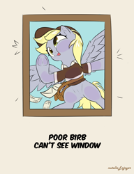 Size: 1000x1300 | Tagged: safe, artist:nutellaenjoyer, derpy hooves, pegasus, pony, g4, against glass, behaving like a bird, caption, crashing, cute, derpabetes, emanata, featureless crotch, female, frame, frog (hoof), glass, mailmare, mare, signature, solo, text, underhoof