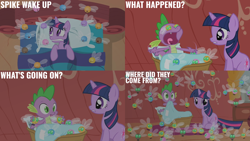 Size: 2000x1125 | Tagged: safe, edit, edited screencap, editor:quoterific, screencap, spike, twilight sparkle, dragon, parasprite, pony, unicorn, g4, season 1, swarm of the century, duo, duo male and female, female, golden oaks library, horn, lying down, male, on back, spike's bed, unicorn twilight, wingless spike