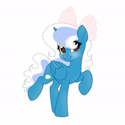 Size: 6890x6890 | Tagged: safe, artist:riofluttershy, oc, oc only, oc:fleurbelle, alicorn, pony, alicorn oc, blushing, bow, female, hair bow, horn, mare, raised hoof, simple background, smiling, solo, white background, wings, yellow eyes