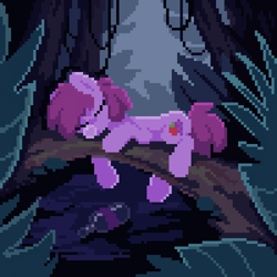 Size: 700x700 | Tagged: safe, artist:crimmharmony, berry punch, berryshine, pony, g4, bottle, digital art, drunk, eyes closed, forest, nature, night, pixel art, sleeping, solo, tree