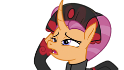 Size: 1280x720 | Tagged: artist needed, safe, anonymous artist, edit, edited screencap, screencap, sable spirit, pony, unicorn, campfire tales, g4, background removed, clothes, curved horn, dazed, empress sable spirit, female, frown, hoof on cheek, horn, indigo eyes, magenta hair, magenta mane, mare, open mouth, orange coat, orange fur, orange pony, solo, young sable spirit