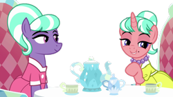 Size: 1280x720 | Tagged: artist needed, safe, anonymous artist, edit, edited screencap, screencap, stepford ponies, earth pony, pony, unicorn, g4, what lies beneath, background removed, clothes, cup, dress, duo, duo female, female, horn, jewelry, mare, necklace, pearl necklace, smiling, table, tea party, teapot