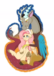 Size: 1452x2048 | Tagged: safe, artist:ginnyregen, discord, fluttershy, draconequus, pegasus, g4, antlers, beard, beard on head, blue outline, blushing, bright, duo, duo male and female, facial hair, female, hooves, horn, hug, interspecies, looking up, male, orange outline, outline, ship:discoshy, shipping, stars, straight, sunlight