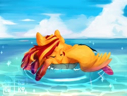 Size: 1600x1207 | Tagged: safe, artist:zaka, oc, oc only, pegasus, pony, beach, circle, commission, floating, inner tube, not sunset shimmer, ocean, pool toy, solo, translucent inflatable, water