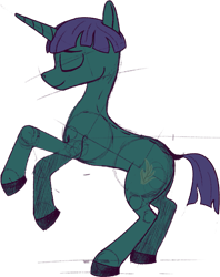 Size: 649x820 | Tagged: safe, artist:kujivunia, oc, oc only, oc:zedro adarra, unicorn, concave belly, eyes closed, female, horn, lidded eyes, mare, rearing, short mane, side view, simple background, sketch, slender, solo, thin, transparent background