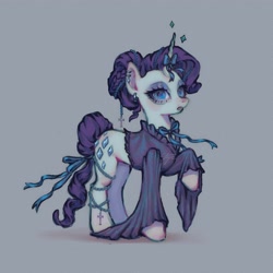 Size: 3500x3500 | Tagged: source needed, safe, artist:p1elemuisje, rarity, pony, undead, unicorn, vampire, g4, 3d cutie mark, alternate hairstyle, blouse, blue background, blue eyes, bow, clothes, full body, goth, gothic, gothic lolita, hair bow, hair bun, horn, jewelry, lolita fashion, makeup, necklace, pearl necklace, purple eyes, purple mane, rarity pose, romantic, simple background, solo