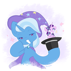 Size: 3000x3000 | Tagged: safe, artist:persikulka, starlight glimmer, trixie, pony, unicorn, g4, cape, clothes, duo, duo female, emanata, female, hat, horn, magic trick, mare, micro, sparkles, surprised, trixie's cape, trixie's hat