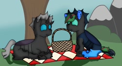 Size: 1440x776 | Tagged: safe, artist:thomas.senko, oc, oc only, oc:captain black lotus, changeling, insect, pony, basket, blue eyes, blue skin, blue sky, dark skin, duo, duo male, happy, looking at each other, looking at someone, male, picnic, picnic basket, picnic blanket, tree