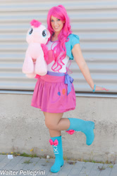 Size: 1024x1539 | Tagged: safe, artist:giorgiasanny, pinkie pie, human, equestria girls, g4, boots, clothes, cosplay, costume, high heel boots, irl, irl human, jacket, photo, plushie, shirt, shoes, skirt, vest