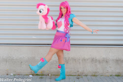 Size: 1024x682 | Tagged: safe, artist:giorgiasanny, pinkie pie, human, equestria girls, g4, boots, clothes, cosplay, costume, high heel boots, irl, irl human, jacket, photo, plushie, shirt, shoes, skirt, vest