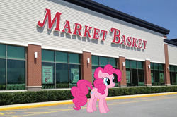 Size: 1000x663 | Tagged: safe, artist:deyrasd, artist:topsangtheman, edit, pinkie pie, earth pony, pony, g4, cute, diapinkes, female, irl, mare, market basket, outdoors, photo, solo, street