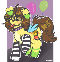 Size: 2480x2564 | Tagged: safe, artist:anykoe, oc, oc only, oc:honky tonk, pegasus, pony, accessory, artfight, balloon, clothes, colored sketch, glasses, party, pegasus oc, signature, sketch, socks, solo, tongue out, wings