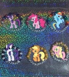 Size: 606x677 | Tagged: safe, artist:lnx1ynight16, part of a set, applejack, fluttershy, pinkie pie, rainbow dash, rarity, twilight sparkle, earth pony, pegasus, pony, unicorn, g4, beads, bracelet, hat, horn, jewelry, kandi, mane six, smiling, unicorn twilight, wings