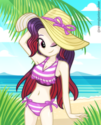 Size: 2015x2490 | Tagged: safe, artist:rjp.rammy, oc, oc only, oc:anna, equestria girls, g4, adorasexy, beach, bikini, clothes, cute, female, hat, one eye closed, outdoors, sexy, side-tie bikini, slender, solo, striped bikini, striped swimsuit, swimsuit, thin, wink