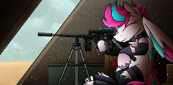 Size: 2000x992 | Tagged: safe, artist:andaluce, zipp storm, pony, g5, chest fluff, clothes, collar, female, gun, mare, rifle, sniper rifle, socks, solo, spread wings, suppressor, unshorn fetlocks, weapon, wings