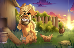 Size: 6120x4000 | Tagged: safe, artist:natanvok, applejack, bird, chicken, earth pony, pony, g4, basket, cottagecore, egg, female, fence, mare, mouth hold, one ear down, solo, sunrise