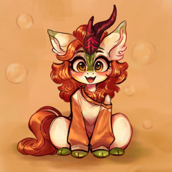 Size: 1704x1704 | Tagged: safe, artist:polnocnykot, autumn blaze, kirin, g4, awwtumn blaze, blushing, bubble, clothes, cloven hooves, cute, ear fluff, female, looking at you, open mouth, open smile, sitting, smiling, smiling at you, solo, sweater