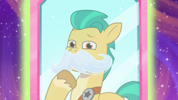 Size: 1366x768 | Tagged: safe, screencap, hitch trailblazer, earth pony, pony, g5, hall-o-marers, my little pony: tell your tale, spoiler:g5, spoiler:my little pony: tell your tale, spoiler:tyts02e16, facial hair, male, mirror, moustache, sheriff's badge, solo, stallion