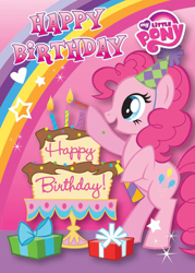 Size: 344x480 | Tagged: safe, pinkie pie, earth pony, pony, g4, official, birthday cake, cake, female, food, happy birthday, hat, how do hooves work?, mare, my little pony logo, party hat, party horn, present, rainbow, rearing, solo, stock vector, text