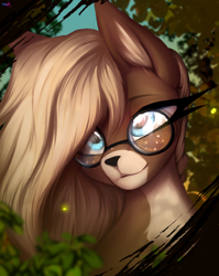 Size: 3000x3760 | Tagged: safe, artist:darky_wings, oc, oc only, deer, deer pony, hybrid, original species, pony, bust, commission, deer oc, ear fluff, female, forest, fur, glasses, nature, non-pony oc, solo, sun, tree