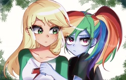 Size: 2250x1429 | Tagged: safe, artist:pulse, applejack, rainbow dash, human, equestria girls, g4, clinging, duo, duo female, eye clipping through hair, eyebrows, female, lesbian, multicolored hair, ponytail, rainbow hair, raised eyebrow, ship:appledash, shipping