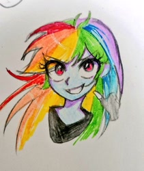 Size: 865x1024 | Tagged: safe, artist:pulse, rainbow dash, human, equestria girls, g4, doodle, eye clipping through hair, female, multicolored hair, rainbow hair, solo, thumbs up, traditional art