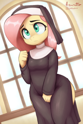 Size: 3000x4500 | Tagged: safe, artist:azuretto, fluttershy, pegasus, anthro, g4, clothes, female, flutternun, frown, high res, nun, nun outfit, side slit, solo, wide hips, wrong eye color