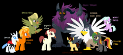 Size: 2280x1026 | Tagged: safe, artist:moonlightthegriffon, oc, oc only, oc:bright slice, oc:chocolate croissant, oc:doozy(changeling), oc:grape thrash, oc:gunnar sanddune, oc:mistypetal, oc:orange soda, oc:pivotal punk, oc:sneakysea, changedling, changeling, earth pony, griffon, hippogriff, pegasus, pony, storm creature, unicorn, base used, black background, blank flank, broken horn, changedling oc, changeling oc, colt, earth pony oc, female, filly, flying, foal, griffon oc, group photo, hippogriff oc, horn, male, multicolored hair, pegasus oc, punk, simple background, spread wings, stallion, storm creature oc, tongue out, unicorn oc, wings