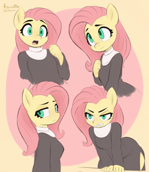 Size: 2600x3000 | Tagged: safe, artist:azuretto, fluttershy, pegasus, anthro, g4, angry, bust, clothes, expressions, female, flutternun, high res, lidded eyes, nun, nun outfit, open mouth, scowl, side slit, simple background, solo, wrong eye color, yellow background