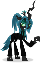 Size: 3889x6047 | Tagged: safe, artist:anime-equestria, queen chrysalis, changeling, changeling queen, g4, alternate hairstyle, clothes, concave belly, eyeshadow, female, horn, lanky, makeup, simple background, skinny, solo, suit, tall, thin, transparent background, vector