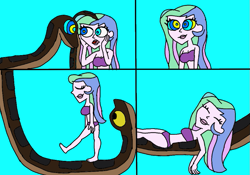 Size: 743x521 | Tagged: safe, artist:beecartoonist13, princess celestia, human, snake, equestria girls, g4, bikini, blue sky, breasts, busty princess celestia, clothes, coils, duo, female, hypno eyes, hypnosis, hypnotized, kaa, kaa eyes, lipstick, looking at each other, looking at someone, male, sleeping, sleepwalking, swimsuit