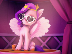 Size: 2880x2160 | Tagged: safe, artist:psfmer, pipp petals, pegasus, pony, g5, 3d, adorapipp, colored hooves, colored wings, crown, cute, diadem, female, frog (hoof), glasses, heart shaped glasses, high res, hoof heart, hooves, jewelry, looking at you, mare, regalia, sitting, skinny pipp, smiling, smiling at you, solo, source filmmaker, spread wings, stars, underhoof, unshorn fetlocks, wings