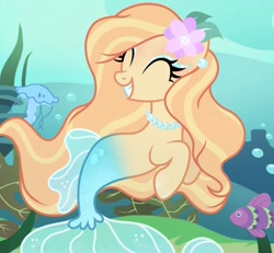 Size: 1319x1220 | Tagged: safe, artist:cstrawberrymilk, oc, oc only, oc:aurora seashell, merpony, pony, seapony (g4), g4, bubble, dorsal fin, eyes closed, female, fin, fish tail, flower, flower in hair, flowing mane, flowing tail, jewelry, mare, necklace, ocean, pearl necklace, seaweed, smiling, solo, swimming, tail, underwater, water