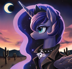 Size: 2400x2296 | Tagged: safe, artist:sunbusting, princess luna, alicorn, pony, g4, bust, cactus, choker, clothes, cloud, collar, crown, desert, ethereal mane, female, folded wings, high res, horn, jacket, jewelry, leather, leather jacket, lighting, mare, moon, necklace, night, night sky, outdoors, portrait, regalia, shading, sky, solo, spiked choker, spiked collar, starry mane, starry night, stars, sternocleidomastoid, sunset, wings