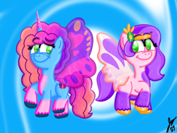 Size: 2160x1620 | Tagged: safe, artist:jesslmc16, misty brightdawn, pipp petals, butterfly, pony, g5, butterfly wings, duo, duo female, female, full body, headress, horn, mare, rebirth misty, signature, sparkles, wings